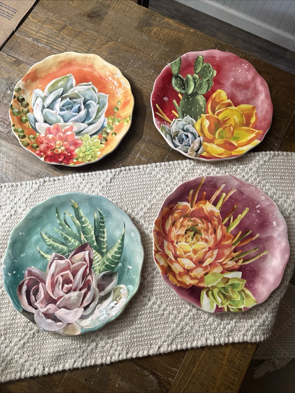 Pier 1 Hand-Painted Succulent Ceramic Plate Set - Multicolor Ironstone